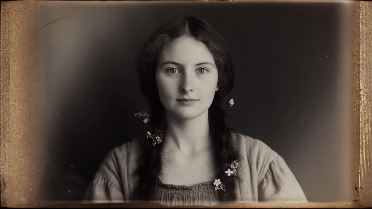 Vintage Black and White Portrait of a Young Woman with Braids and Flowers