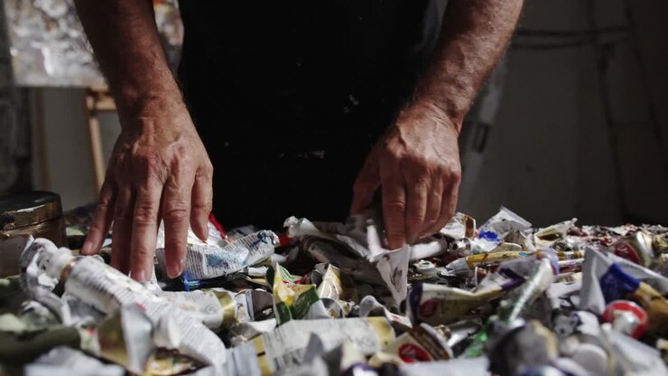 Artist sifting through paints on table