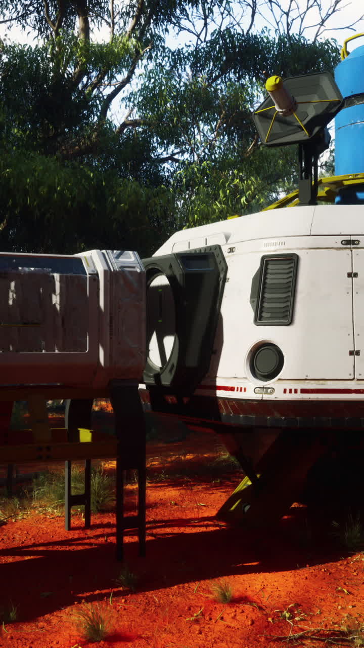 미래의 우주선이 외계 행성에 착륙합니다.