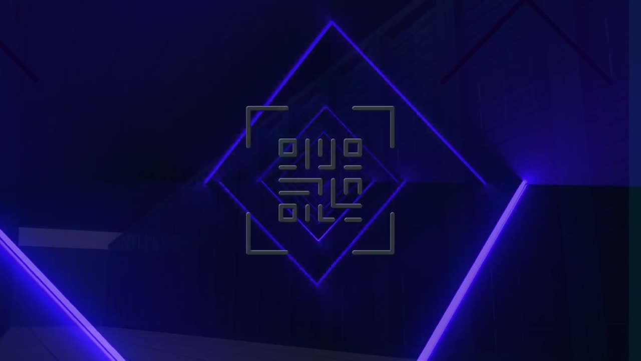 Animation af neon QR-kode, der bevæger sig i et blåt digitalt rum