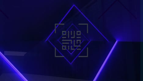 animación del código qr de neón que se mueve en el espacio digital azul