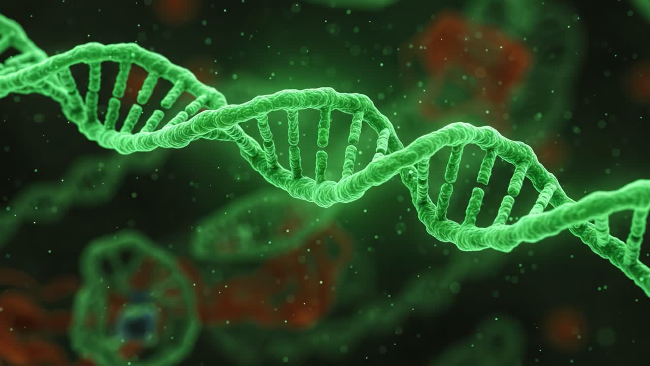 Una visualizzazione complessa della struttura del DNA con una vivace luce verde, che mette in risalto la forma essenziale dell'elica e il suo ruolo fondamentale nella ricerca genetica