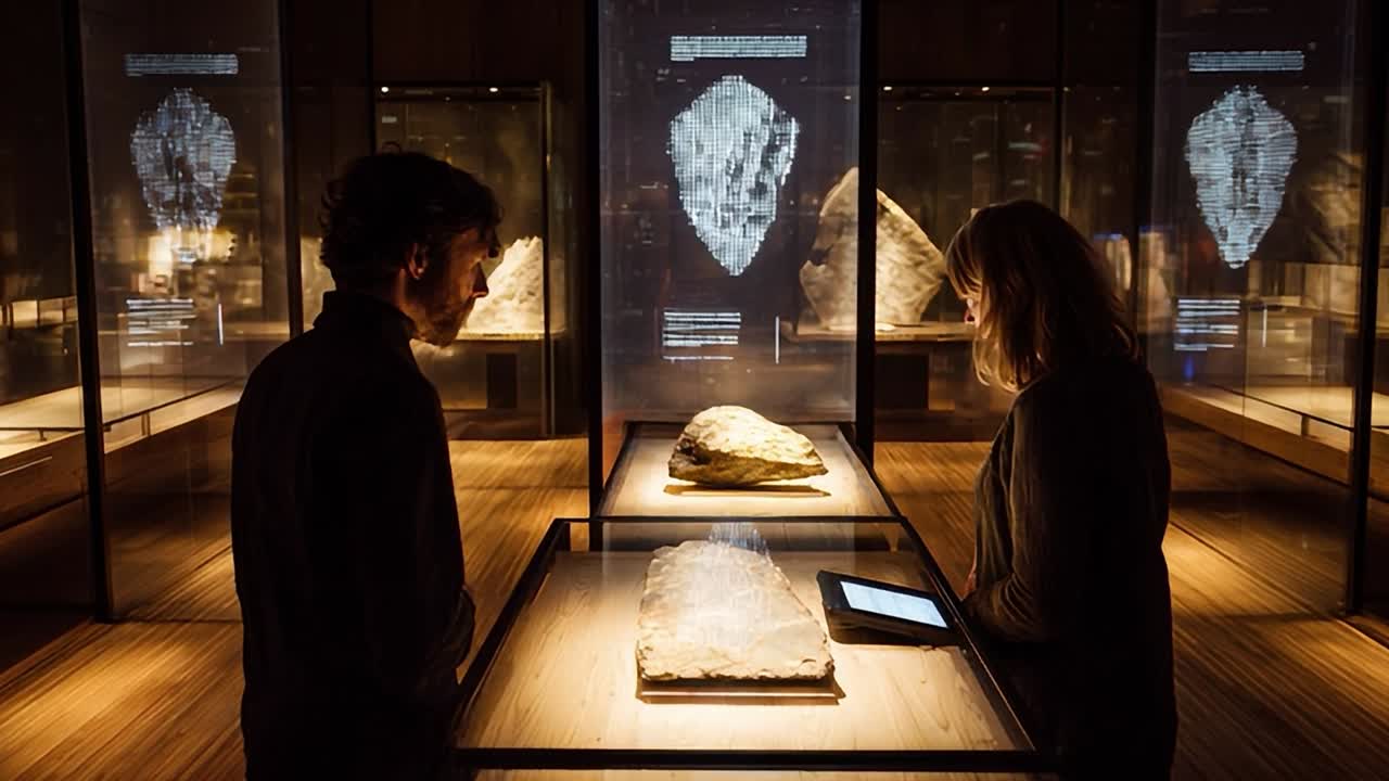 Visitantes interagem com artefatos antigos em um ambiente de museu moderno