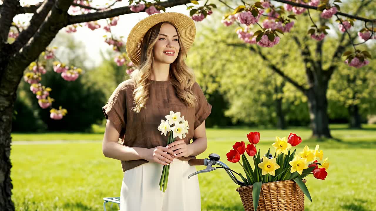 Mulher Bonita Desfrutando da Primavera em Parque Florido