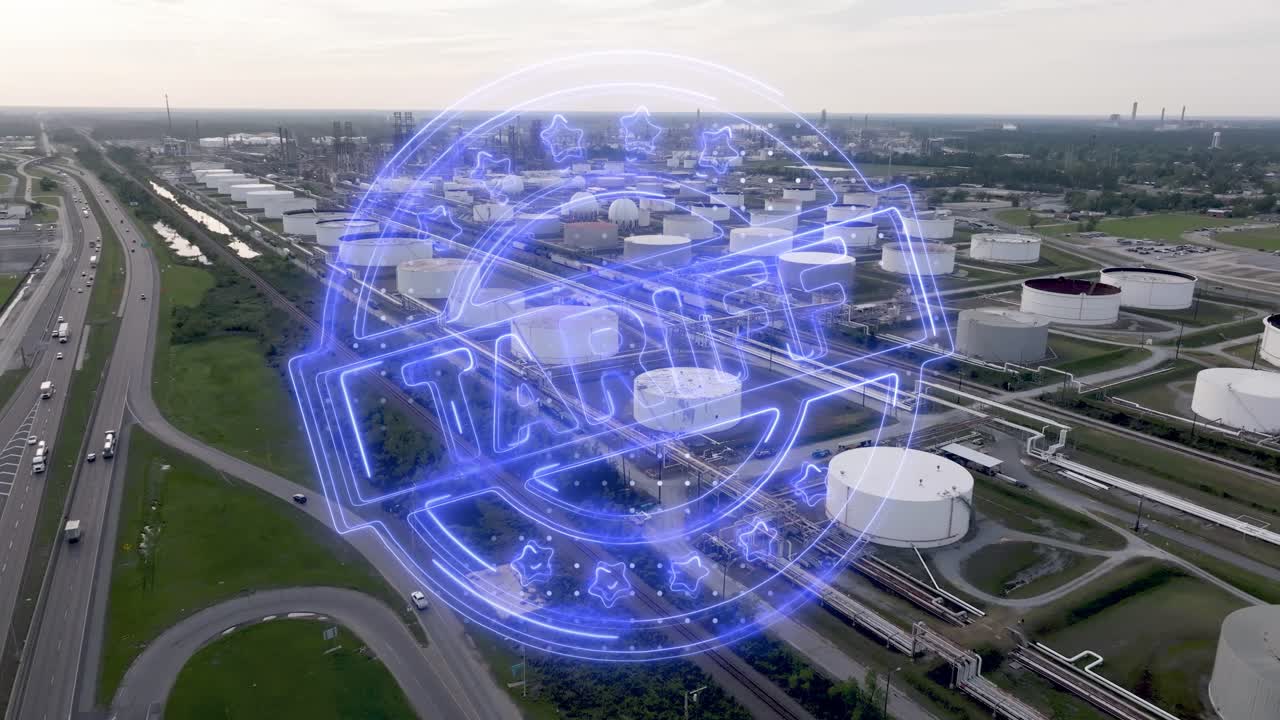 Tariff graphic overlay over drone video of a oil refinery in Louisiana.