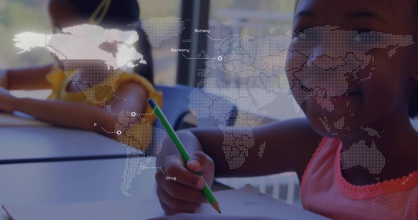 Animated map initiating hand cutting paper, classmates sketching maps with pencils in classroom