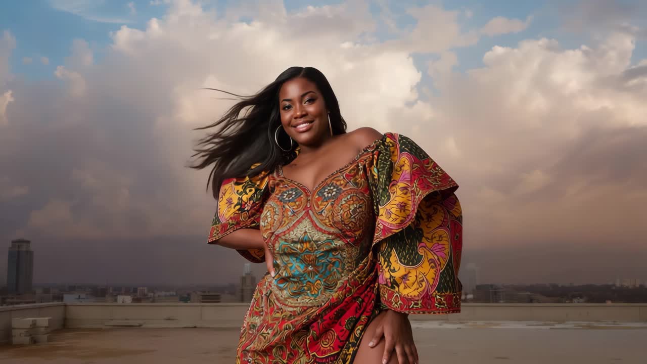 Breeze intensifying making Black model tucking hair and posing on city rooftop with floral dress