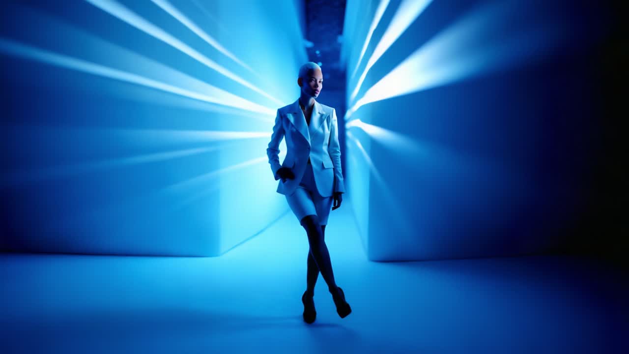 A striking fashion portrait illuminated by dynamic blue lighting, featuring a confident, stylish model in a tailored suit standing in a modern, abstract corridor, exuding sophistication and allure