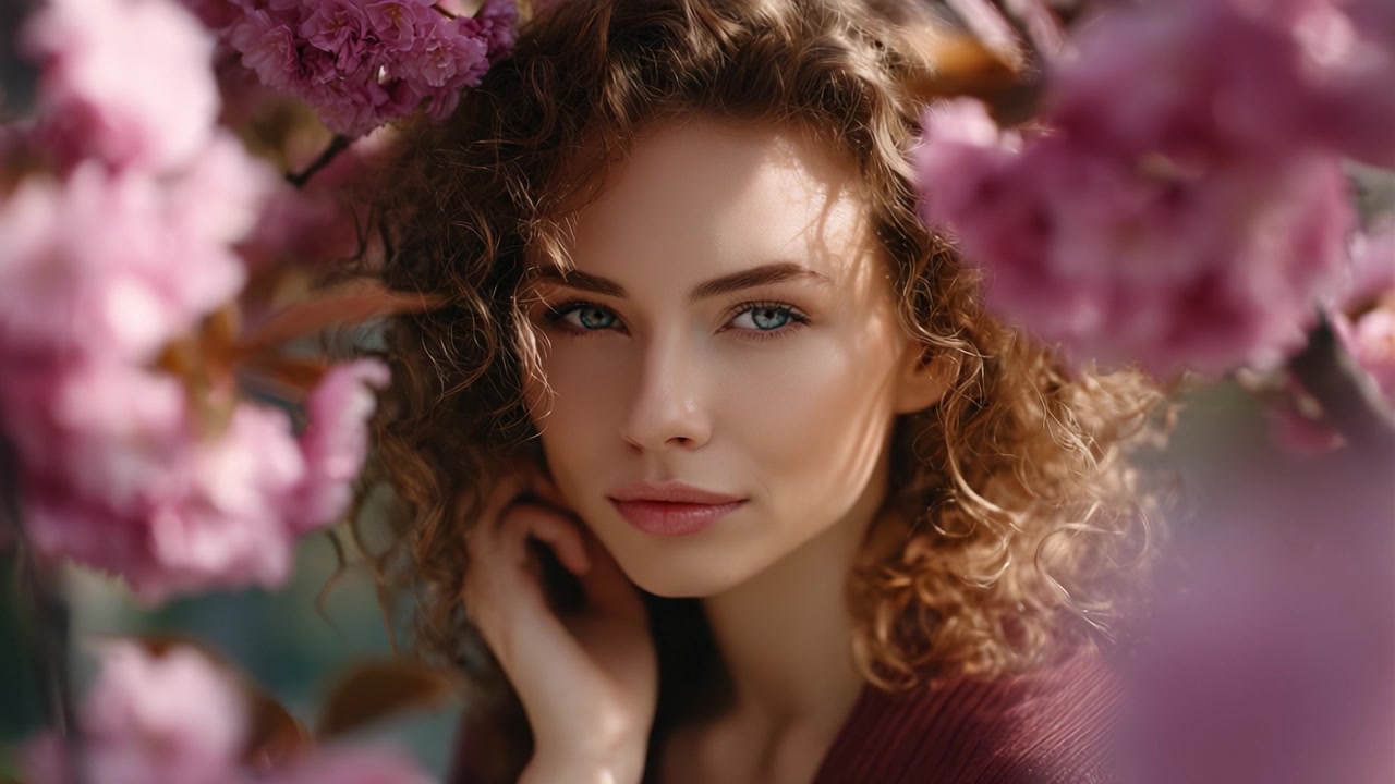 Ritratto accattivante di una giovane donna circondata da fiori di ciliegio in fiore in un ambiente morbido e sognante, che enfatizza la bellezza naturale e la serenità