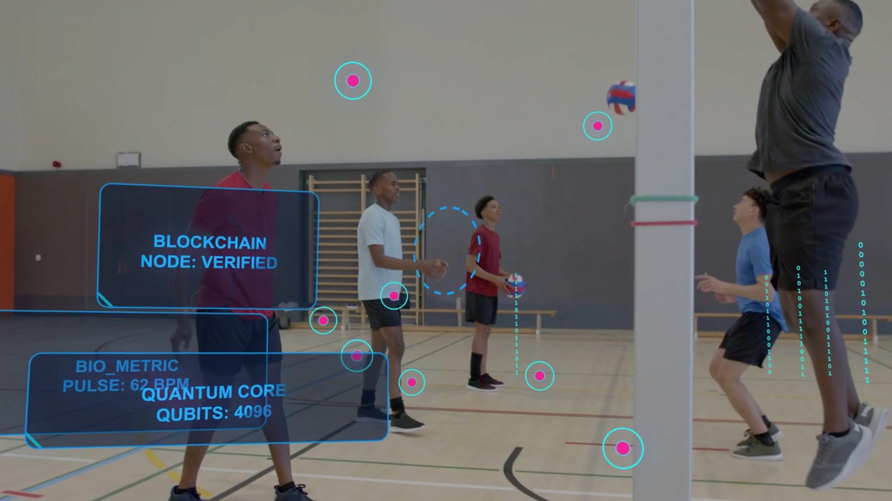 Male volleyball team training drill in gym, blue spiker initiating rally while AR HUD tracking ball