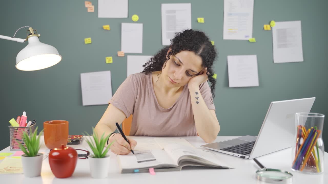 una estudiante cansada.