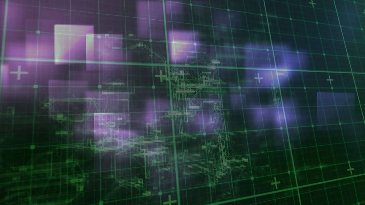 Animation of data processing over grid and squares