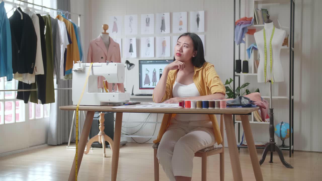 그녀의 스튜디오에서 일하는 패션 디자이너