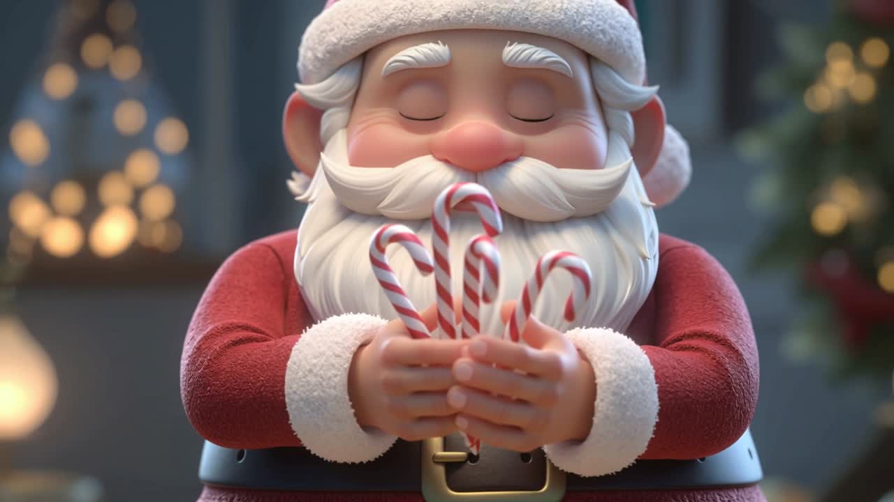 Santa Claus wearing red coat adjusting candy canes in living room, with Christmas tree