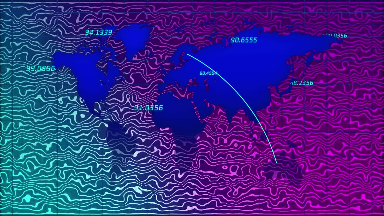 초록색과 보라색 파동이 있는 배경에 있는 세계 지도 위의 숫자의 애니메이션