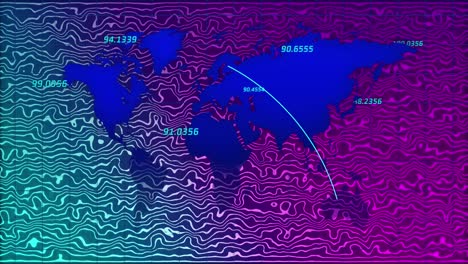 Animation of numbers over world map on background with green and purple waves
