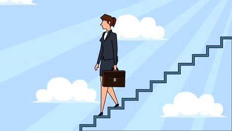 flat cartoon businesswoman character with case bag  goes down the career ladder stairs concept animation