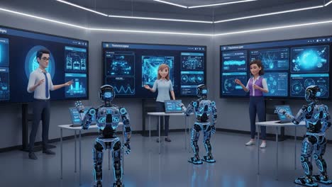 in a modern conference room, individuals engage with advanced robotic systems while visual data displays showcase cutting-edge technology, highlighting a collaborative future between humans and machines.