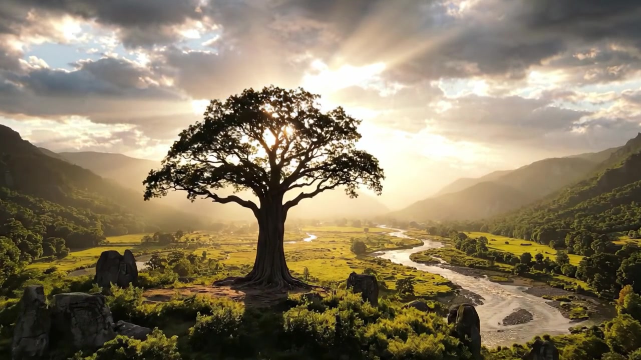 Árvore Majestosa Iluminada Pela Luz Dourada do Sol, Contemplando um Vale de Rio Sereno Rodeado por Vegetação Exuberante e um Céu Nublado Dramático ao Anoitecer