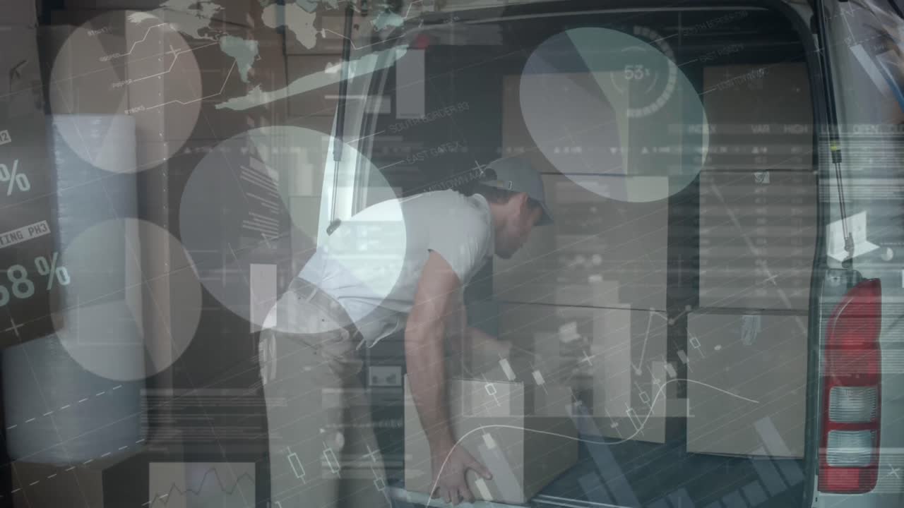 통계 및 금융 데이터 처리의 애니메이션 배달 남자와 밴