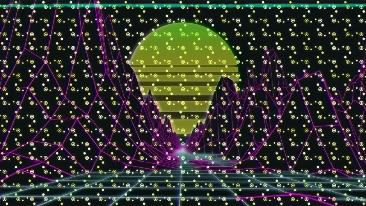 검은색 배경에 디지털 산과 태양 위의 모양의 애니메이션