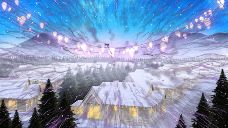 animation of fireworks and snowflakes falling over houses and christmas lights in winter landscape