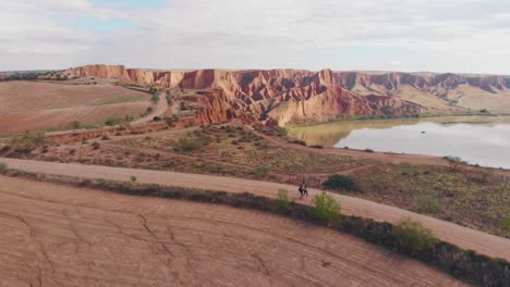 Nature-aerial-drone-shoot-of-young-couple-trekking-next-to-grand-canyon-outdoors-in-Barrancas-de-Bujuron