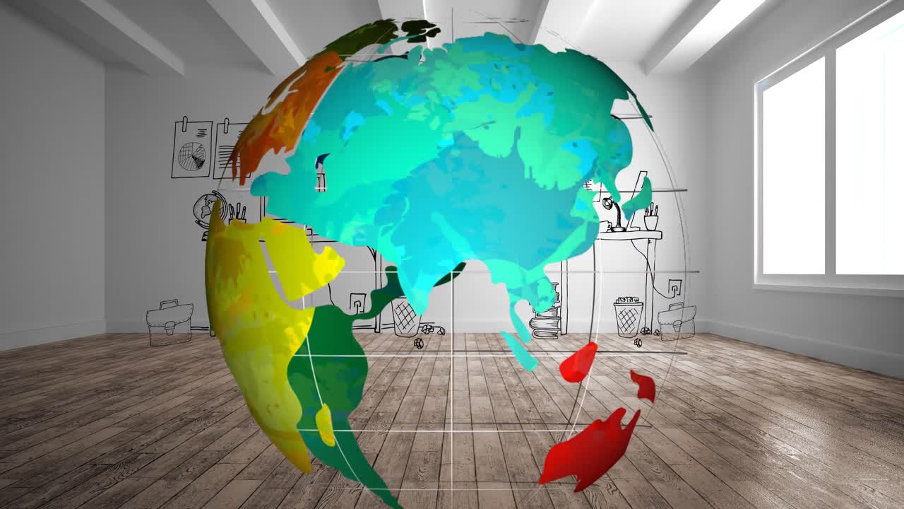 mundo girando en la oficina con el interior de dibujos animados 4k