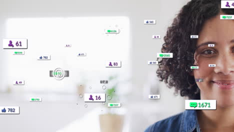 animación de iconos de las redes sociales contra el retrato de la mitad de la cara de una mujer biracial sonriendo en casa
