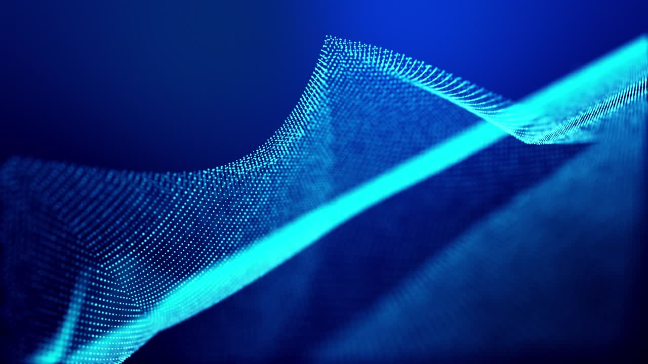 4k looped abstract background of glow particles form lines, surfaces as futuristic landscape in cyberspace or hologram. Sci-fi theme of microworld, nanotechnology or cosmic space. Blue sharp peaks 4