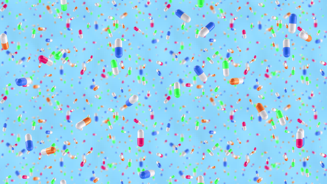 Sfondo animato a motivo ripetuto con pillole farmaceutiche che cadono