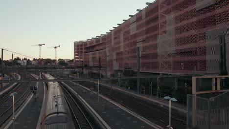 urban train station and modern architecture at dusk