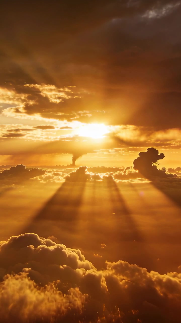 Vertical video: Breaking low sun near horizon casting long rays through moving clouds at altitude