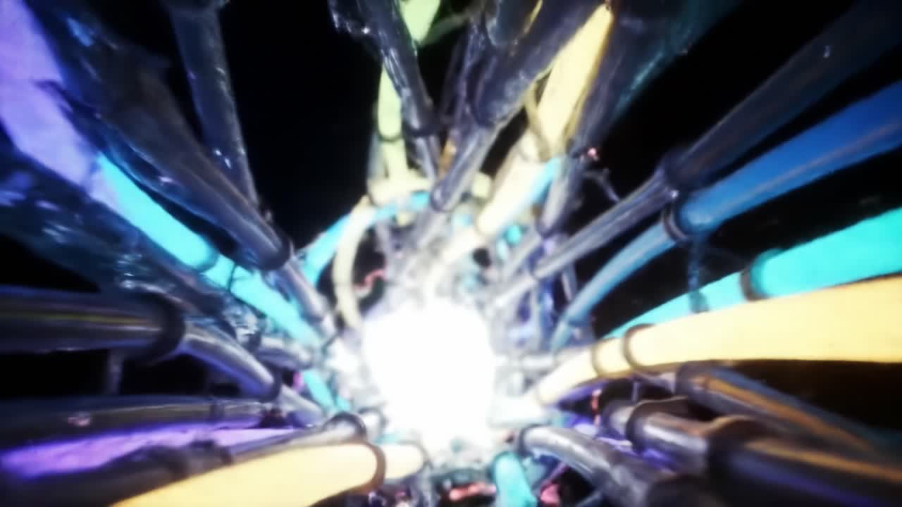 A captivating journey through a vibrant, illuminated tunnel of colorful tubes, leading toward a bright light at the center, creating an entrancing visual experience.