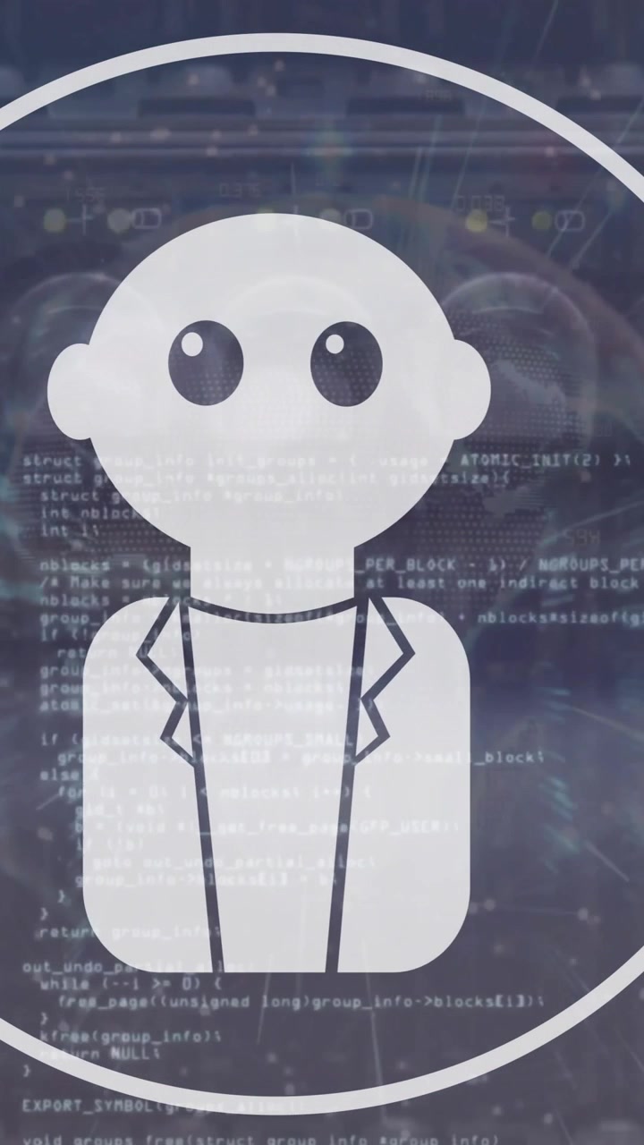Animaatio robottikuvakkeesta ympyrässä, jossa näkyy tietokonekieltä kaapeleiden päällä.