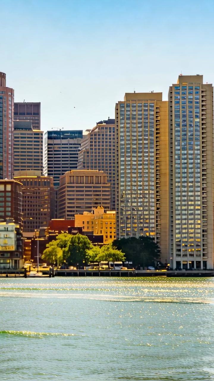 Vertical video: Catching sun, twin beige towers mirroring light on calm harbor producing ripples