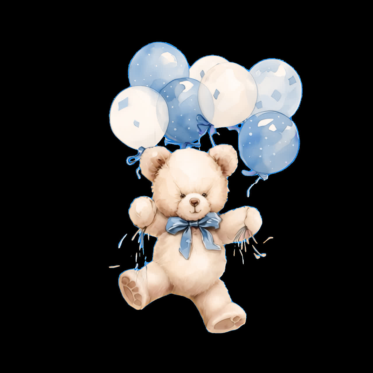 Cute teddy bear with balloons animation isolated asset, transparent 4K video, alpha channel, ProRes
