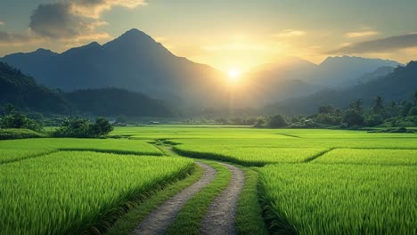 calm sunrise over green fields. a winding path through rice fields reveals a serene mountain sunrise.