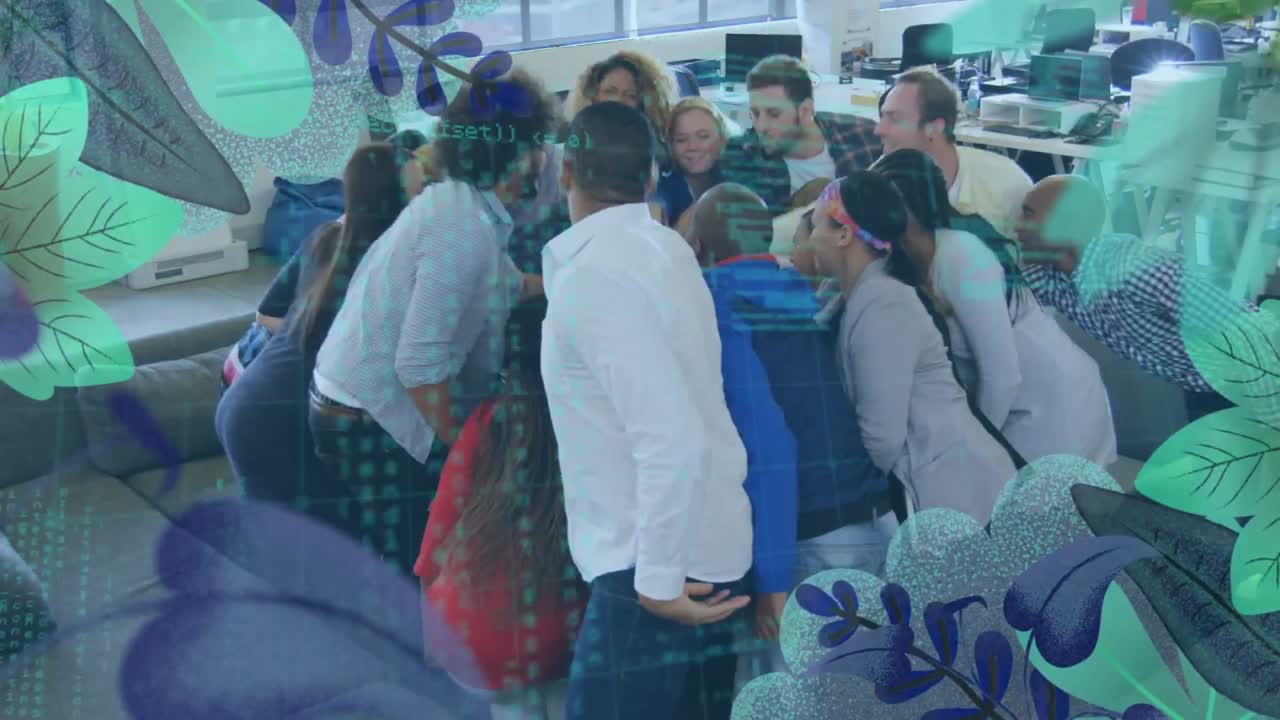 Leaves pattern and data processing against diverse office colleagues stacking hands at office