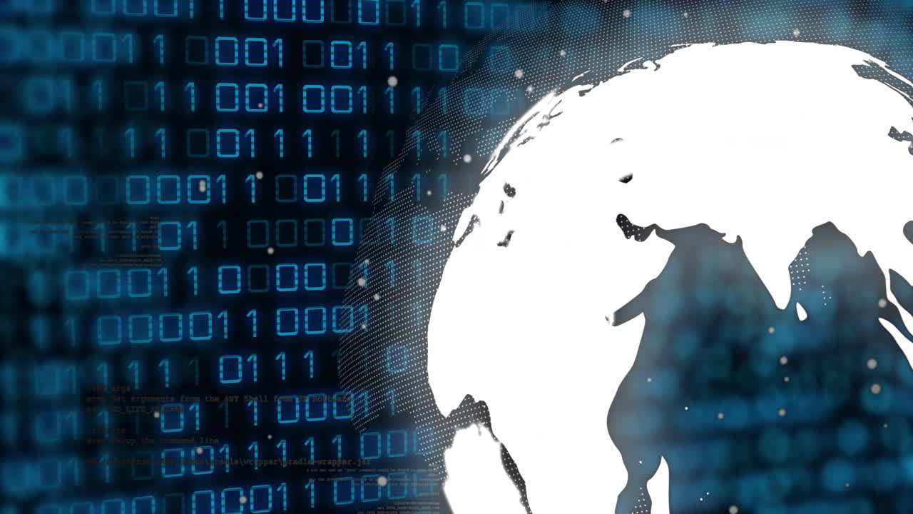 Animation of digital globe with binary code representing global data exchange
