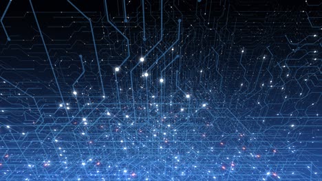 4k seamless loop of print circuit technology cyber and futuristic concept. circuit board with moving electrons. cpu processing data. futuristic hud technology screen data animation.