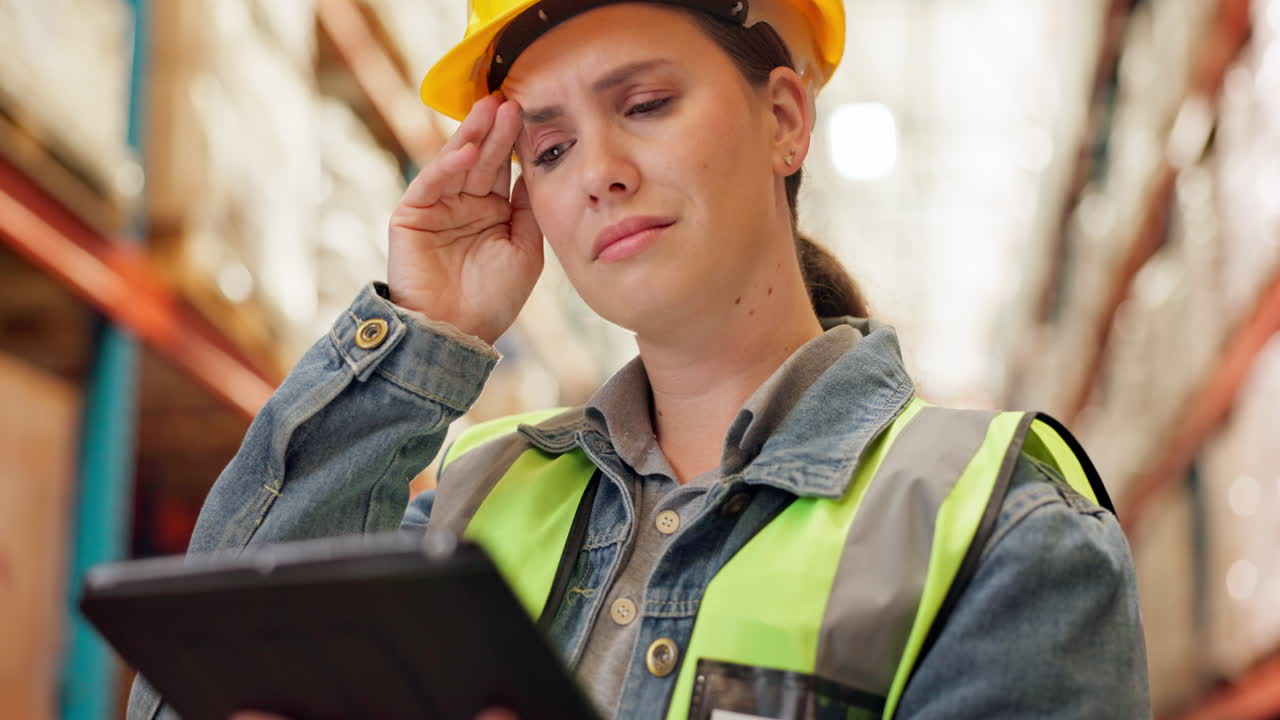 Stressed warehouse worker with headache