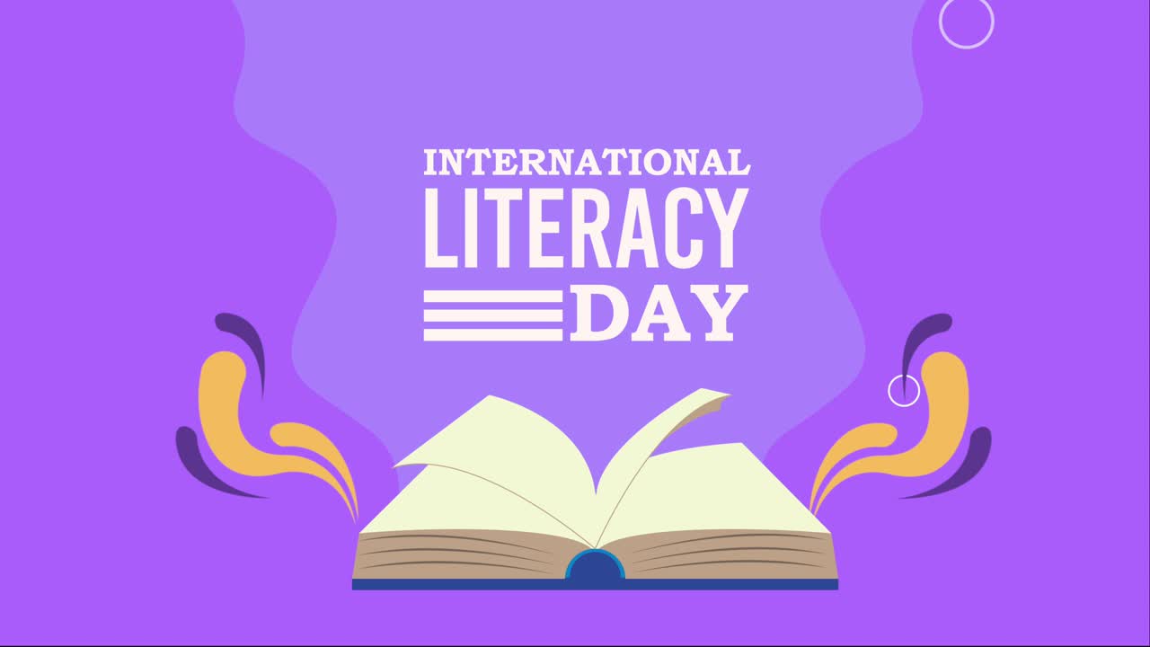 happy literacy day lettering and book