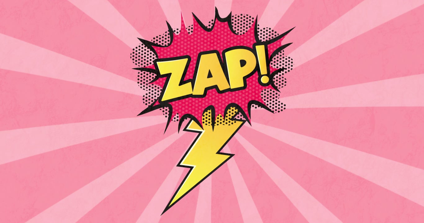 Animasjon av en tegneserieboble med ZAP skrevet i gult på en rosa stripet bakgrunn.