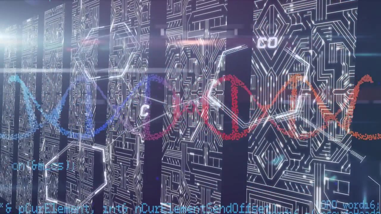Animation of spinning dna structure and data processing over screens with microprocessor connections