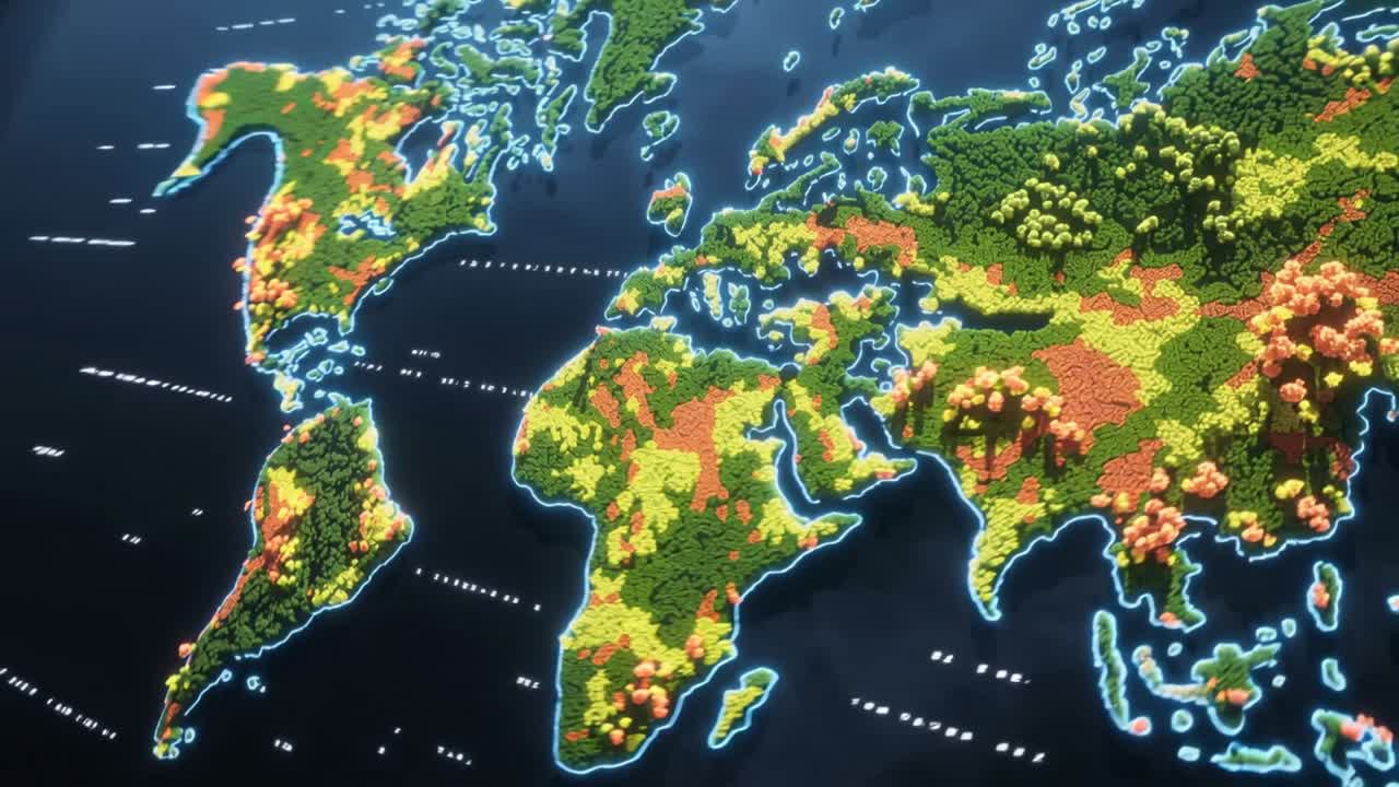 カメラがズームインし、暗い海の上にボクセルマップが現れる。ネオンの海岸線とマーカーが島として分離する。