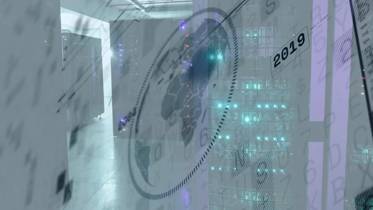 Animazione di globo ed elaborazione di dati finanziari su sala server