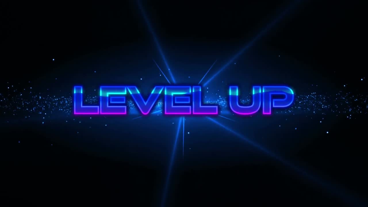 파란색 빛과 파도 위에 레벨 업 텍스트의 애니메이션