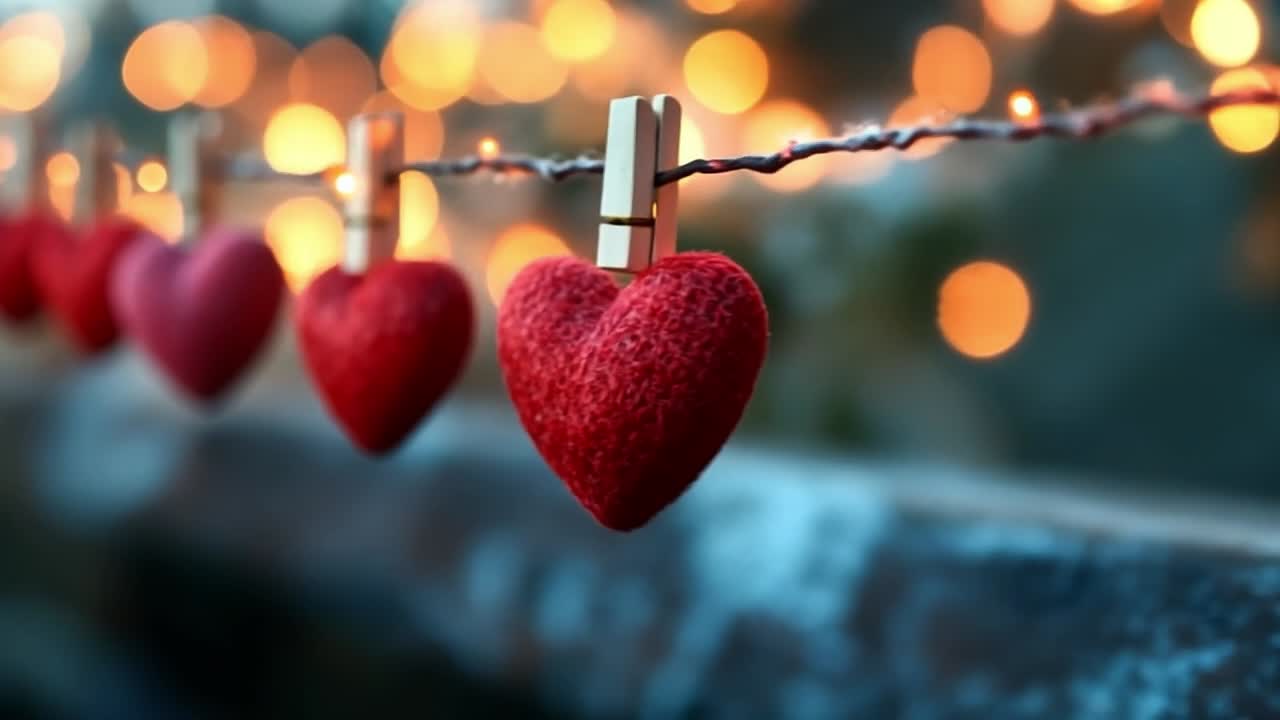 Heart decor with warm lights. Red felt hearts are hung on a string with warm, glowing lights in a cozy outdoor setup during evening time.