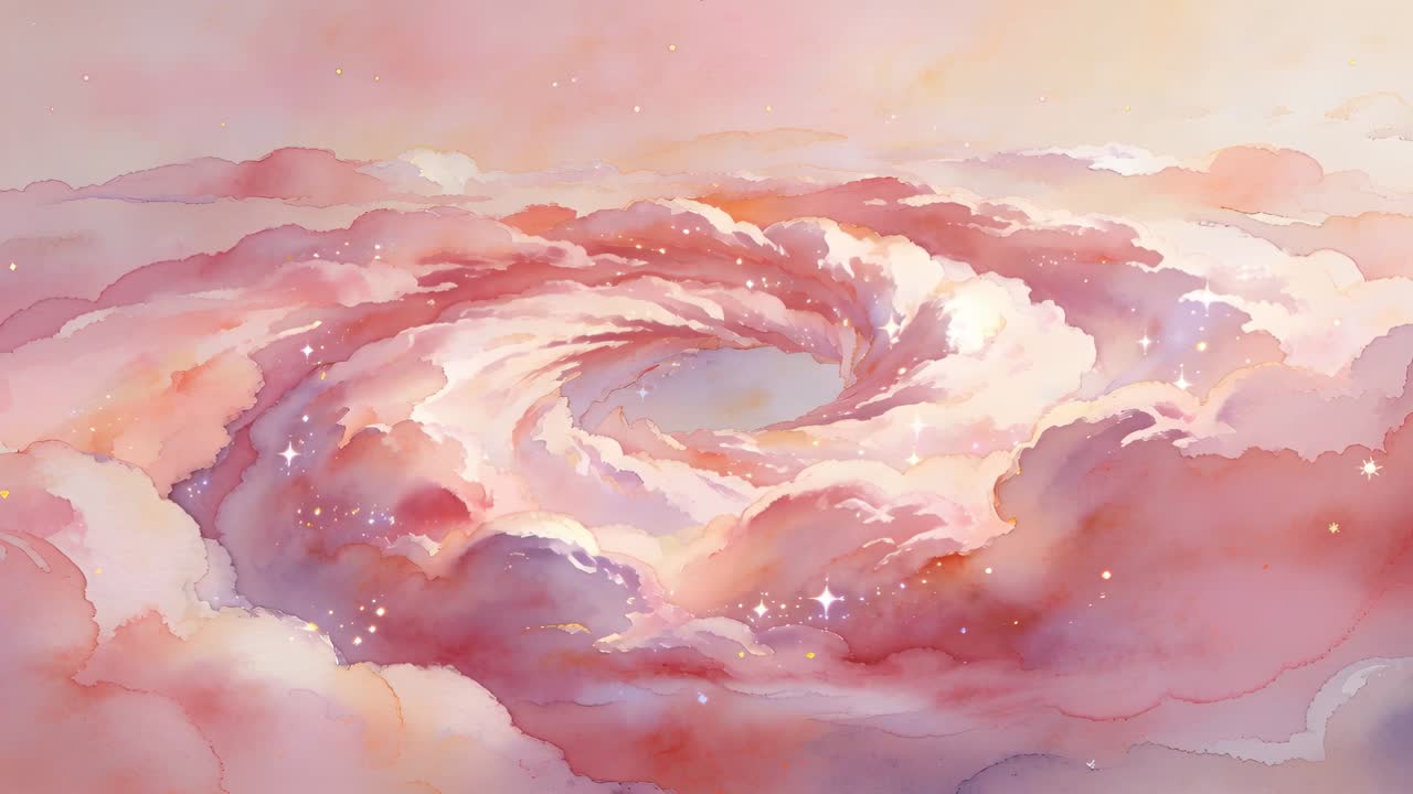 Swirling big center pastel cloud vortex rotating in watercolor sky, with pale-blue eye and sparkles